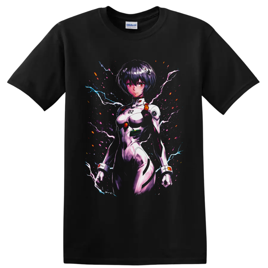Rei Ayanami in a neon cyberpunk plugsuit portrait with lightning and glitch effects on a Black T Shirt