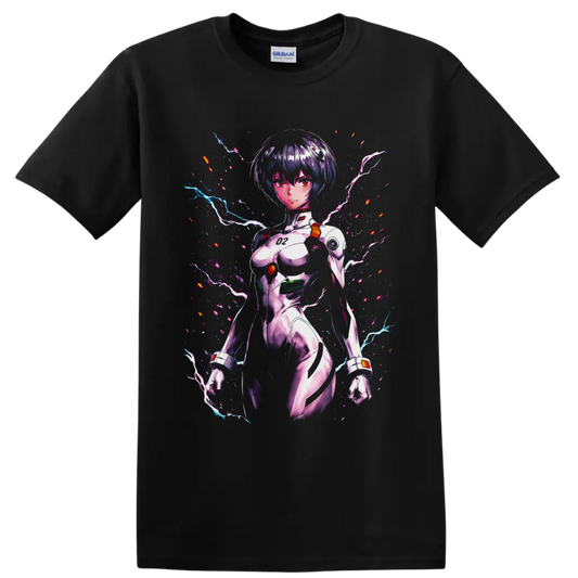 Rei Ayanami in a neon cyberpunk plugsuit portrait with lightning and glitch effects on a Black T Shirt