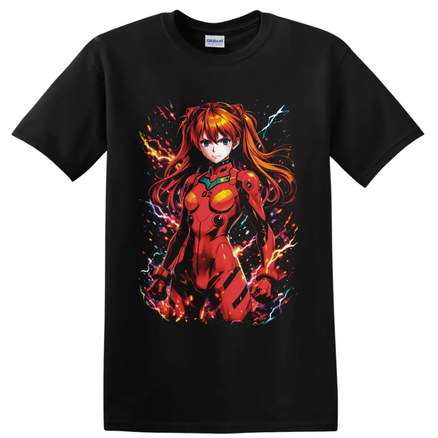 Asuka Langley Soryu in red pilot suit with neon lightning anime action art on a Black T Shirt