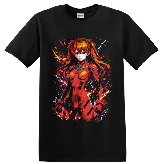 Asuka Langley Soryu in red pilot suit with neon lightning anime action art on a Black T Shirt