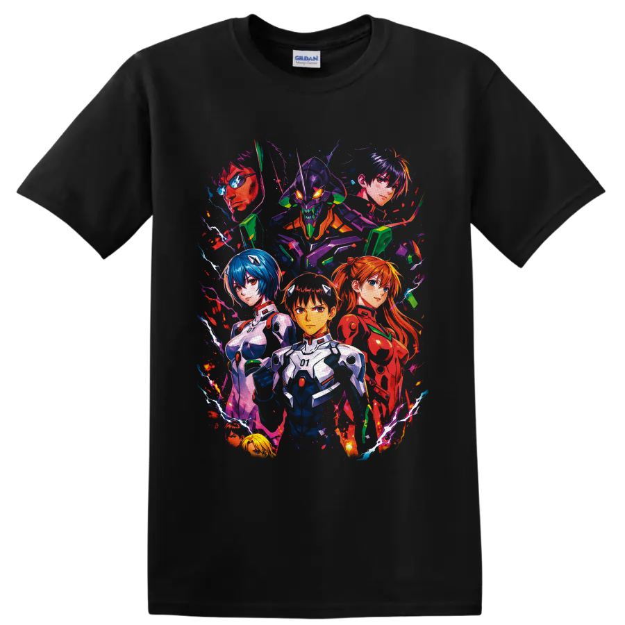 Neon Genesis Evangelion character collage with Shinji Ikari and Unit-01 in neon splatter on a Black T Shirt
