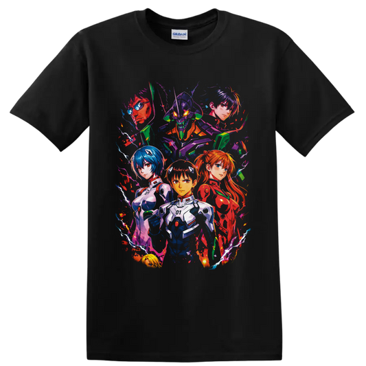 Neon Genesis Evangelion character collage with Shinji Ikari and Unit-01 in neon splatter on a Black T Shirt