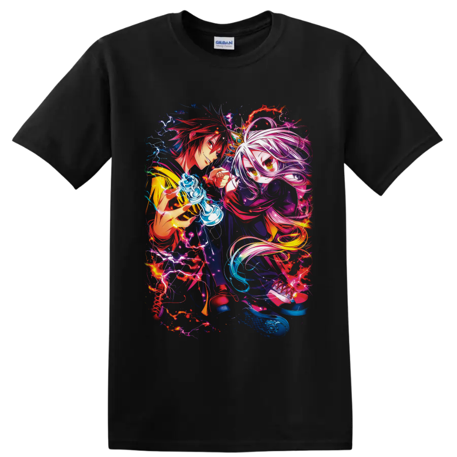 Sora and Shiro with a glowing chess piece in neon fantasy anime art on a Black T Shirt
