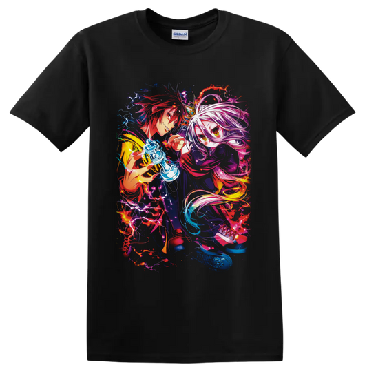 Sora and Shiro with a glowing chess piece in neon fantasy anime art on a Black T Shirt