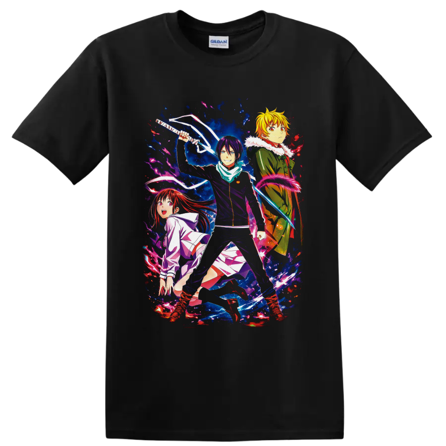 Yato, Hiyori Iki and Yukine in vivid Noragami cosmic action artwork on a Black T Shirt