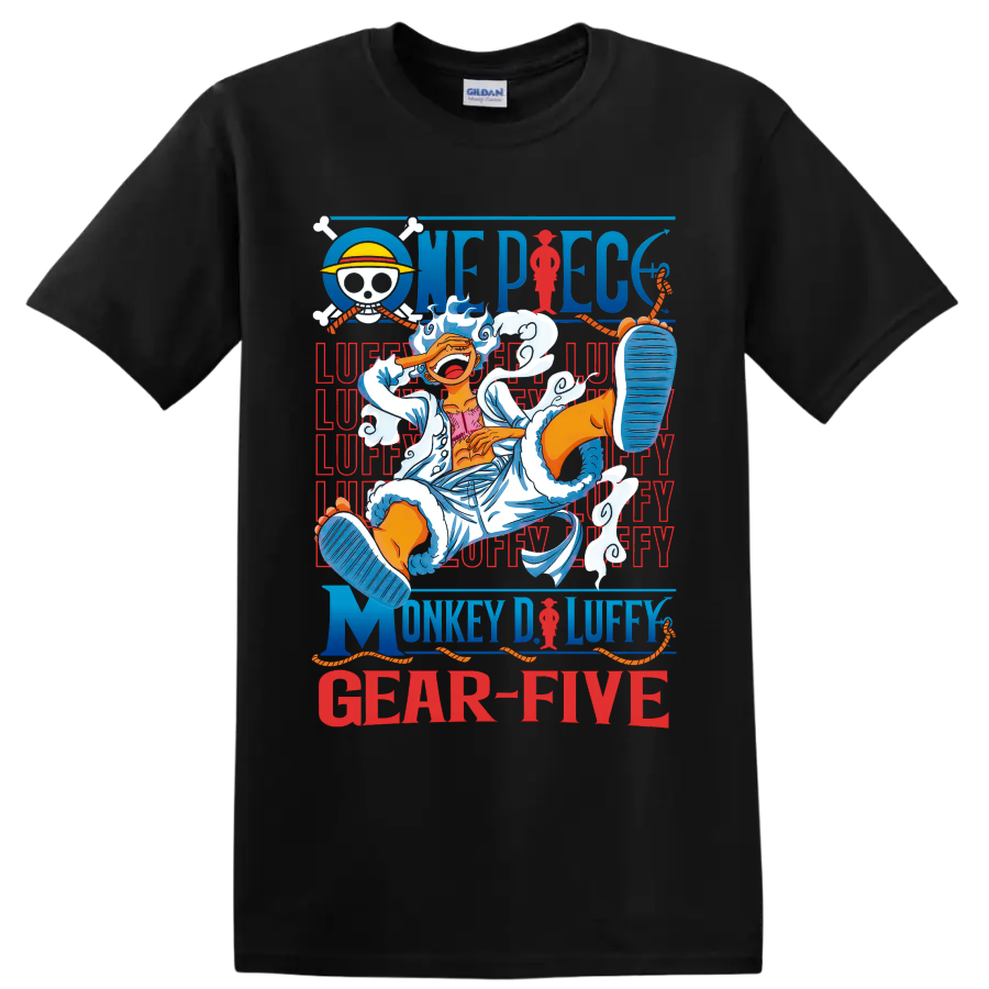 Monkey D. Luffy Gear 5 anime art with clouds, pirate emblem, ropes, and One Piece on a Black T Shirt