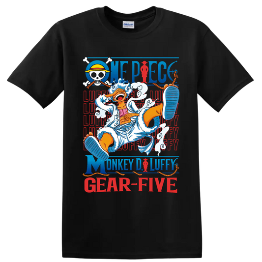 Monkey D. Luffy Gear 5 anime art with clouds, pirate emblem, ropes, and One Piece on a Black T Shirt