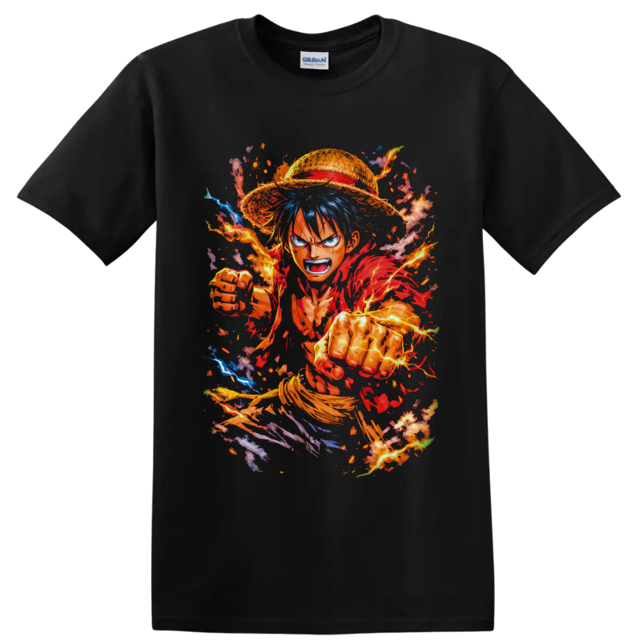 Monkey D. Luffy Gear 5 punching through fiery lightning in dynamic manga art on a Black T Shirt