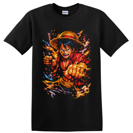 Monkey D. Luffy Gear 5 punching through fiery lightning in dynamic manga art on a Black T Shirt