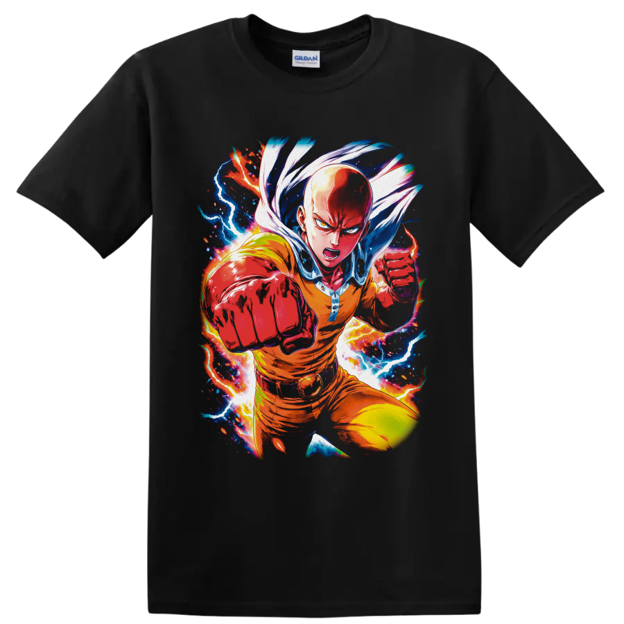Saitama charging with a punch amid colorful lightning in manga-style action art on a Black T Shirt