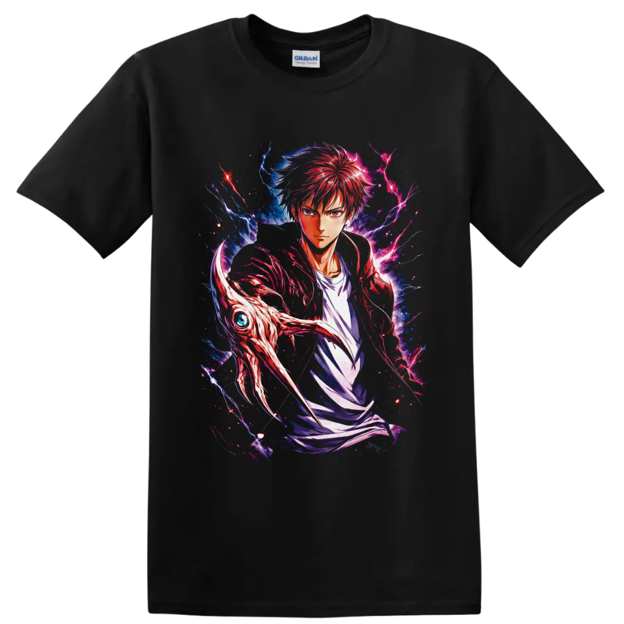 Baku Madarame Usogui manga-style portrait with red hair, lightning, and creature head on a Black T Shirt