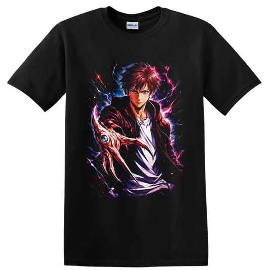 Baku Madarame Usogui manga-style portrait with red hair, lightning, and creature head on a Black T Shirt