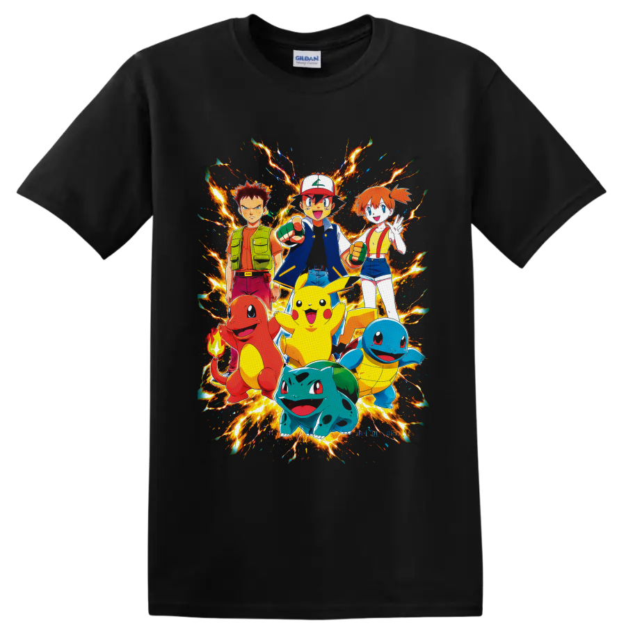 Ash Ketchum, Pikachu, Brock, Misty and starter Pokémon in fiery anime group art on a Black T Shirt
