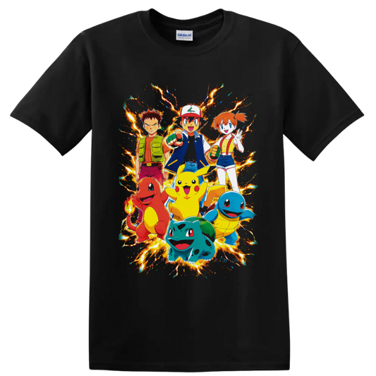 Ash Ketchum, Pikachu, Brock, Misty and starter Pokémon in fiery anime group art on a Black T Shirt