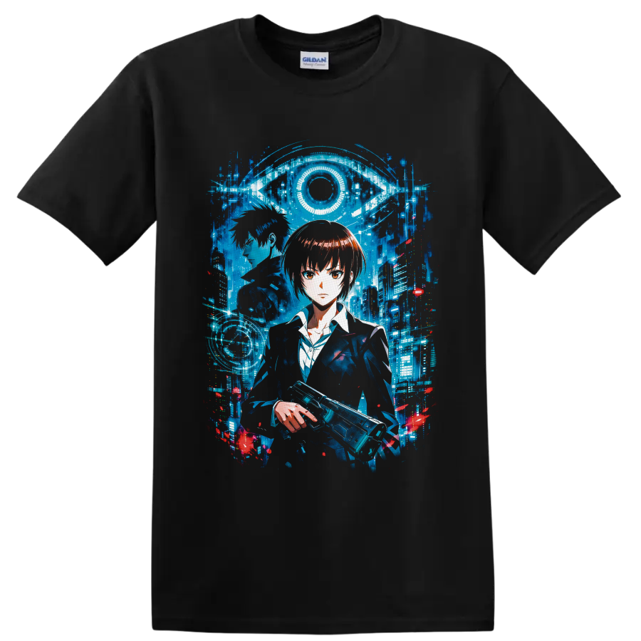 Akane Tsunemori and Shinya Kogami in a cyberpunk city beneath a digital eye on a Black T Shirt