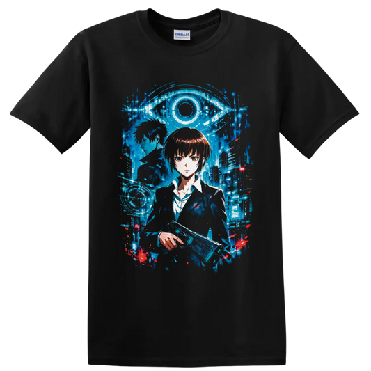 Akane Tsunemori and Shinya Kogami in a cyberpunk city beneath a digital eye on a Black T Shirt