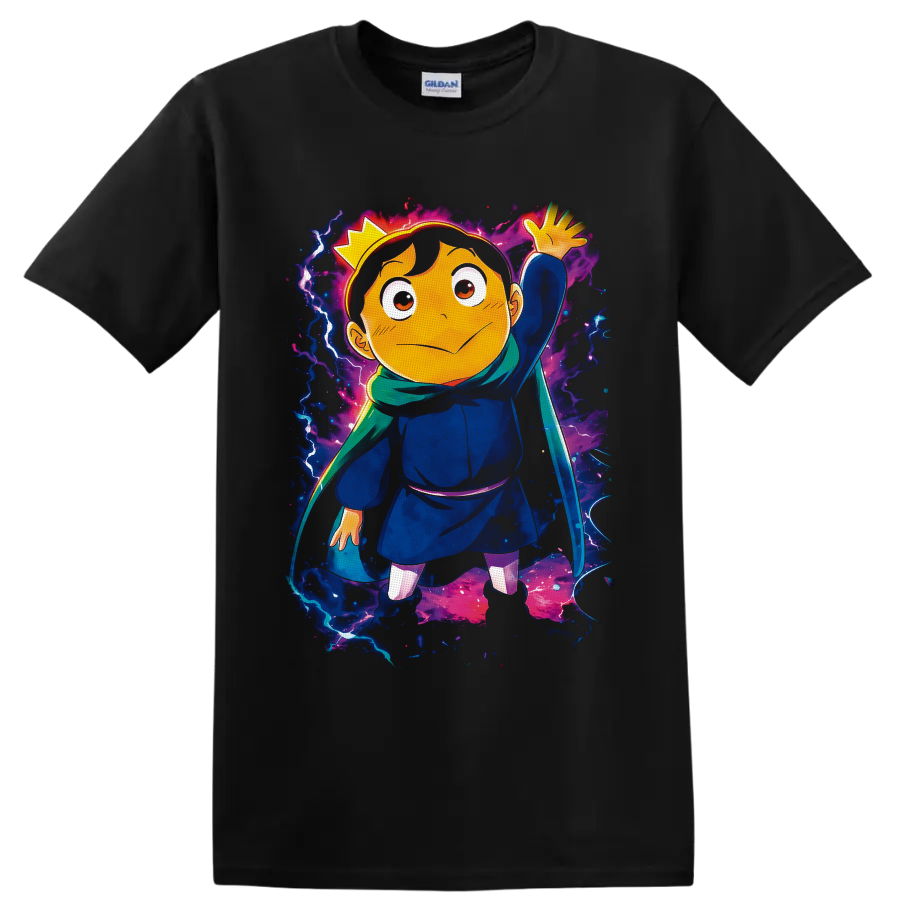 Bojji with crown, sword, and green scarf in cosmic anime fantasy art on a Black T Shirt