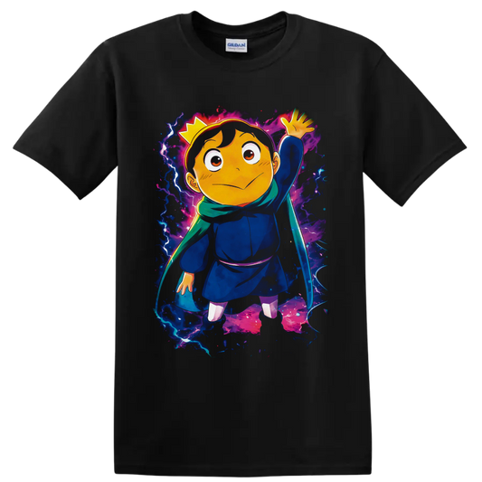 Bojji with crown, sword, and green scarf in cosmic anime fantasy art on a Black T Shirt