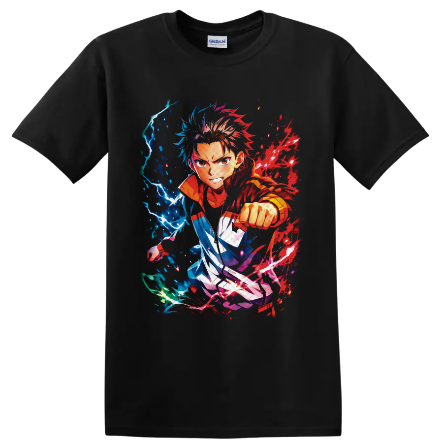 Yuji Itadori anime action art with red energy splashes and blue lightning on a Black T Shirt
