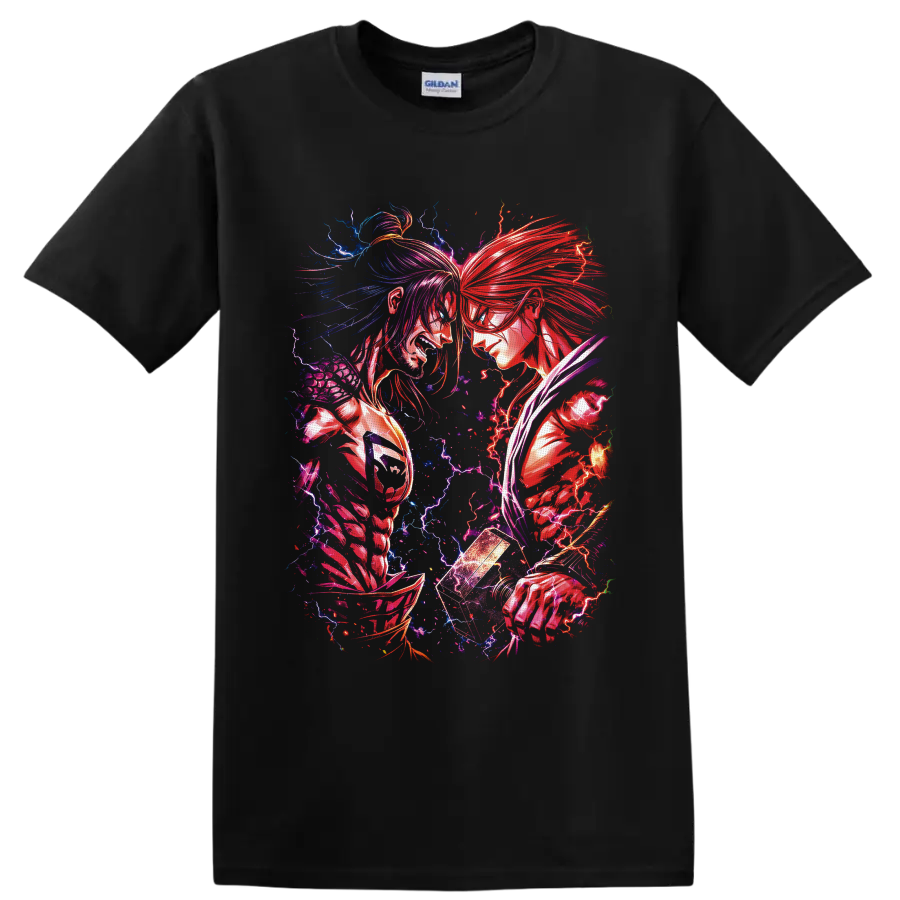 Thor vs Lu Bu anime battle art with red and blue lightning and glowing hammer on a Black T Shirt