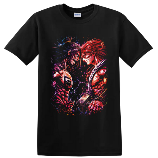 Thor vs Lu Bu anime battle art with red and blue lightning and glowing hammer on a Black T Shirt