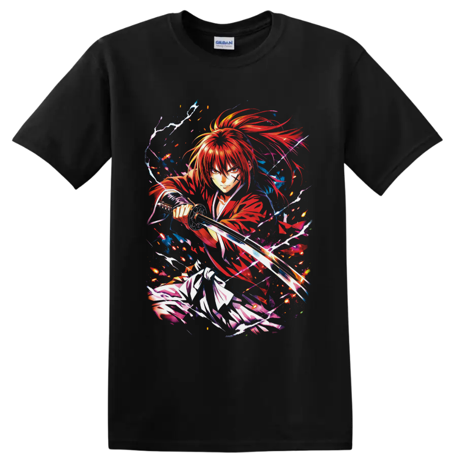 Himura Kenshin anime swordfighter graphic with red robes, sparks, and lightning on a Black T Shirt
