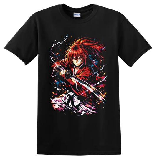 Himura Kenshin anime swordfighter graphic with red robes, sparks, and lightning on a Black T Shirt