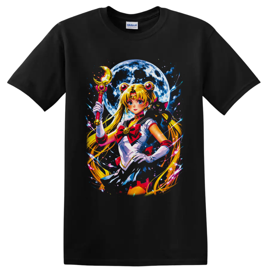 Usagi Tsukino Sailor Moon anime art with crescent wand, full moon, and stars on a Black T Shirt