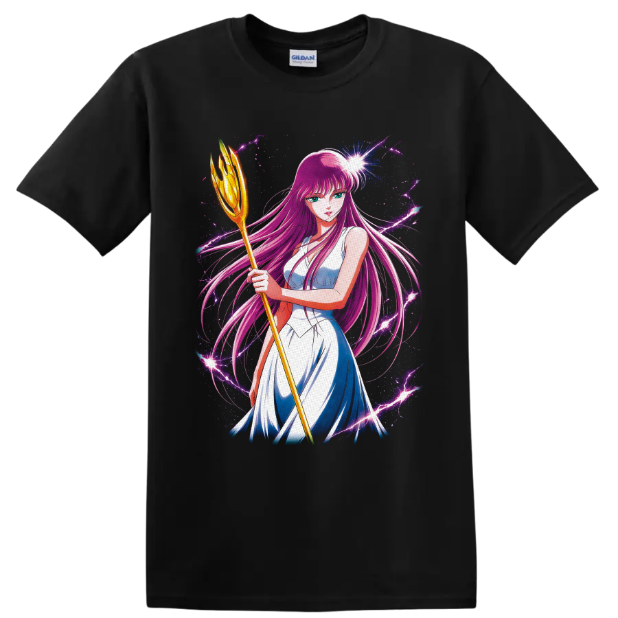 Saori Kido as Athena with golden staff amid cosmic purple lightning on a Black T Shirt