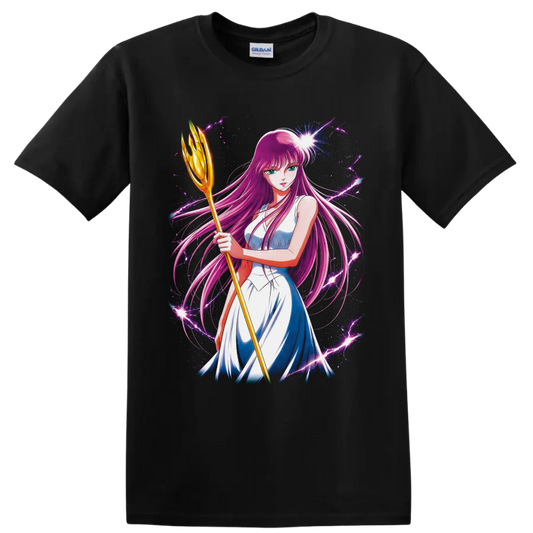 Saori Kido as Athena with golden staff amid cosmic purple lightning on a Black T Shirt