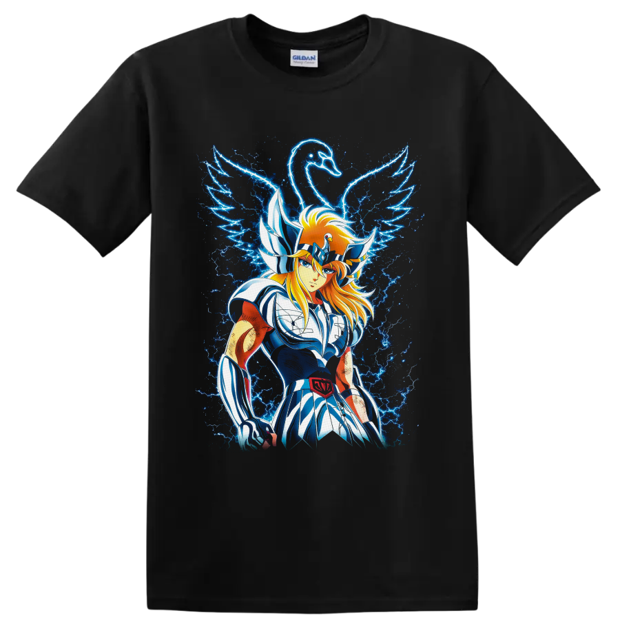 Cygnus Hyoga in swan armor with a glowing swan and electric blue lightning on a Black T Shirt