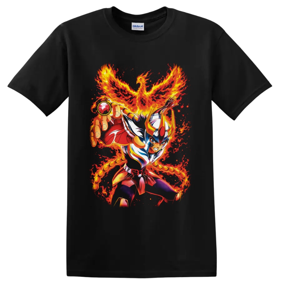 Phoenix Ikki armored warrior with a blazing fire phoenix in vivid anime art on a Black T Shirt