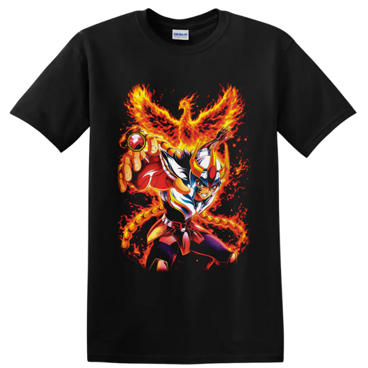 Phoenix Ikki armored warrior with a blazing fire phoenix in vivid anime art on a Black T Shirt