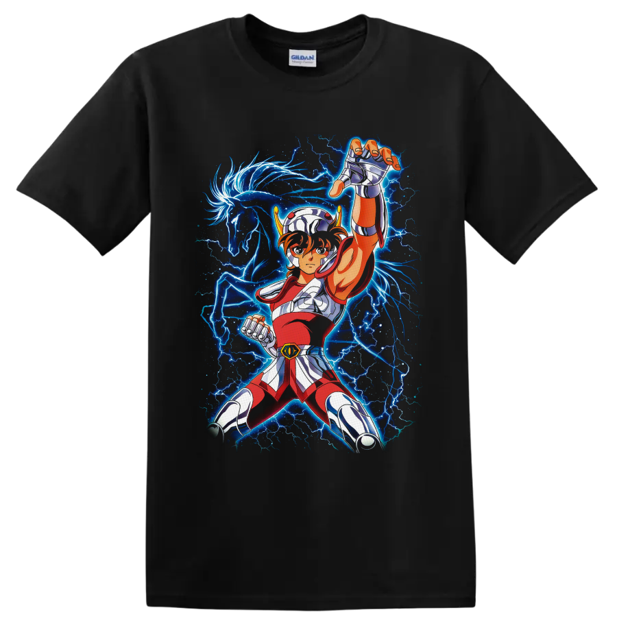 Pegasus Seiya in silver armor with blue lightning and glowing winged horse artwork on a Black T Shirt