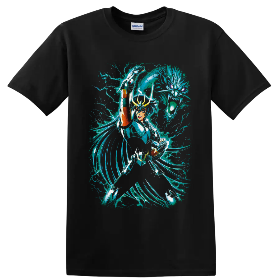 Dragon Shiryu in teal armor with spectral dragon and cyan lightning on a Black T Shirt