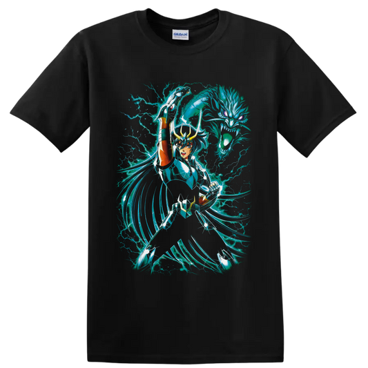 Dragon Shiryu in teal armor with spectral dragon and cyan lightning on a Black T Shirt