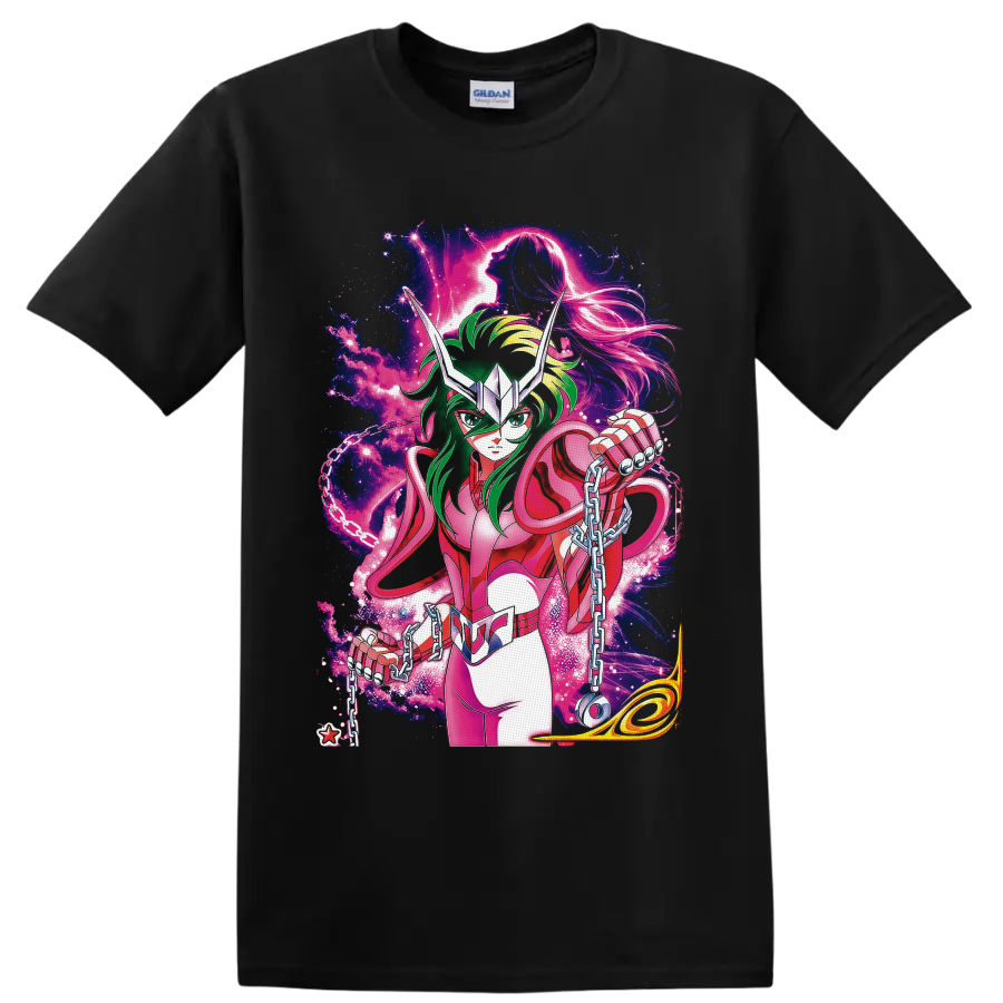 Andromeda Shun in pink armor with chains amid neon cosmic anime art on a Black T Shirt