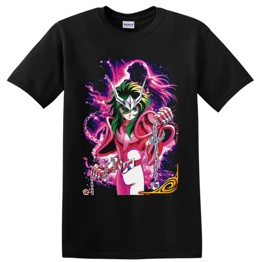 Andromeda Shun in pink armor with chains amid neon cosmic anime art on a Black T Shirt
