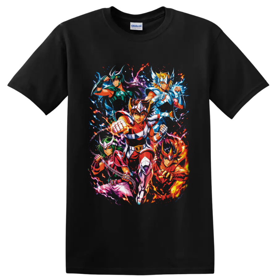 Pegasus Seiya and Bronze Saints in vibrant cosmic anime battle artwork on a Black T Shirt