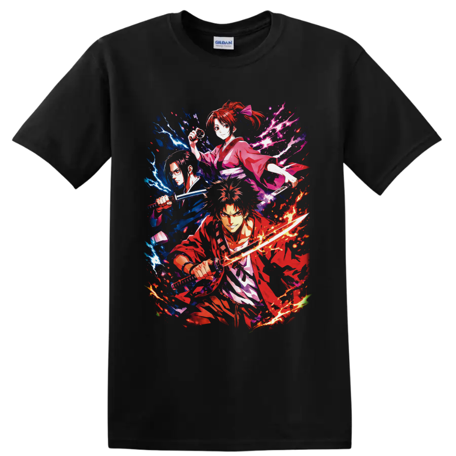 Gintoki Sakata anime sword fighter graphic with lightning, flames, and petals on a Black T Shirt
