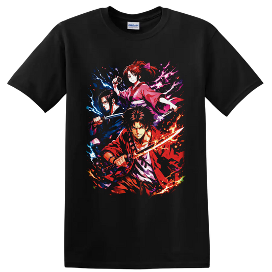 Gintoki Sakata anime sword fighter graphic with lightning, flames, and petals on a Black T Shirt