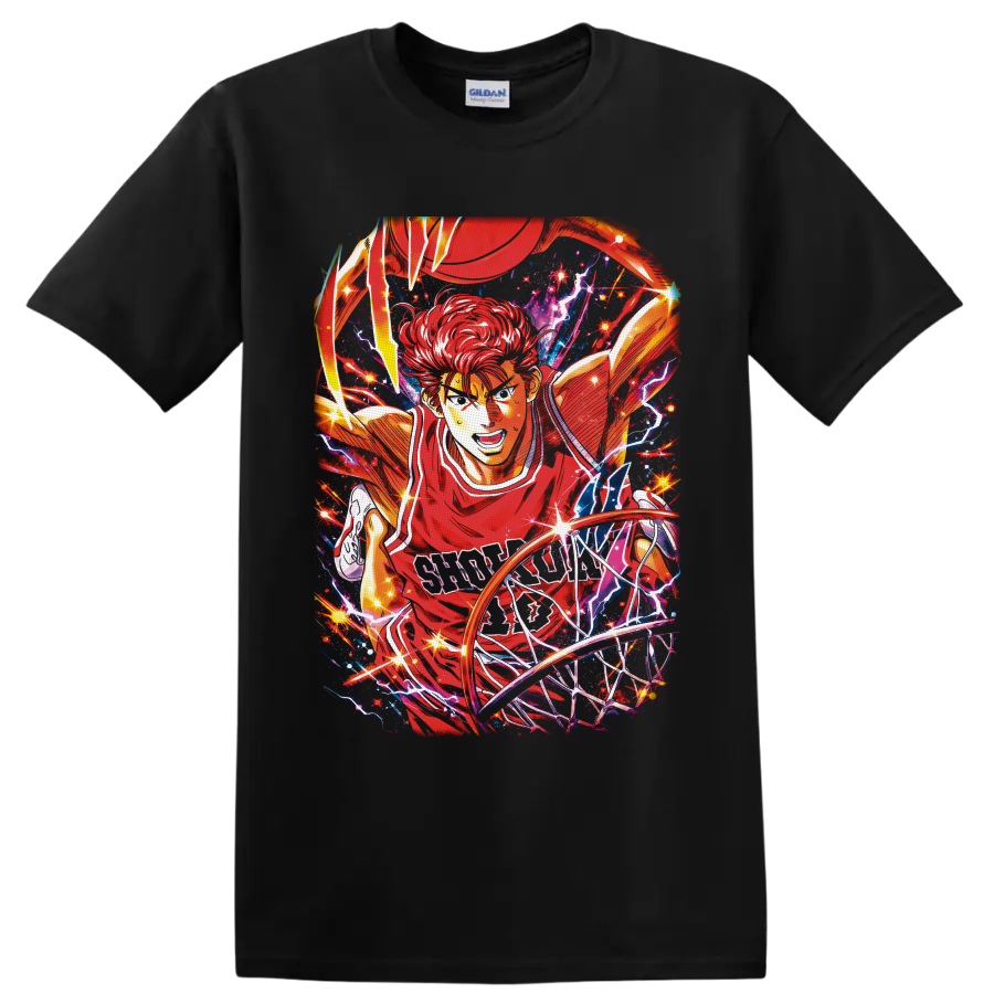 Hanamichi Sakuragi basketball anime art driving to the hoop with lightning and stars on a Black T Shirt