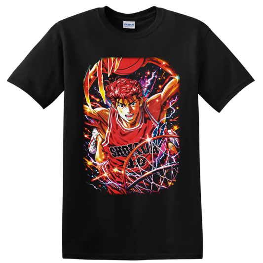 Hanamichi Sakuragi basketball anime art driving to the hoop with lightning and stars on a Black T Shirt