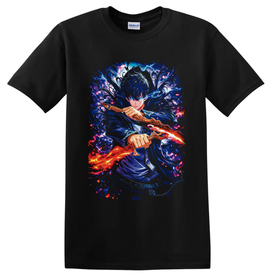 Sung Jin-Woo Solo Leveling anime warrior with glowing sword and blue lightning on a Black T Shirt