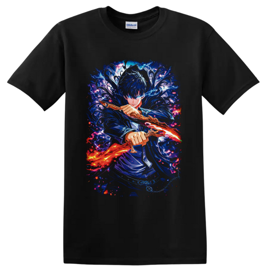 Sung Jin-Woo Solo Leveling anime warrior with glowing sword and blue lightning on a Black T Shirt
