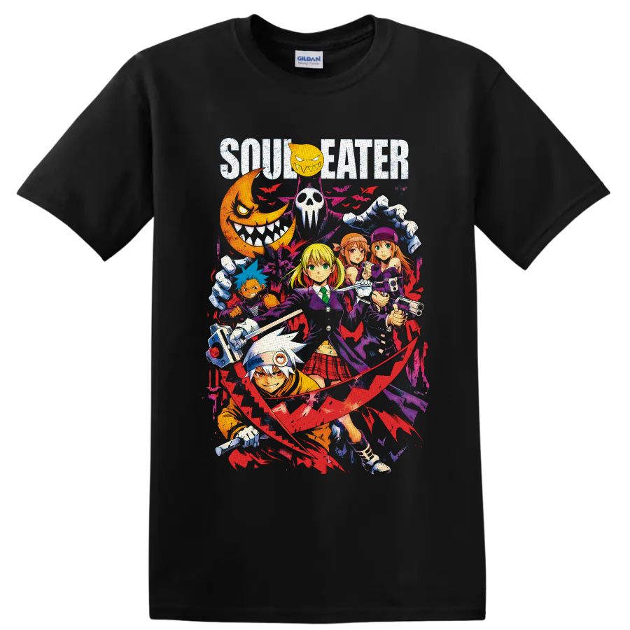 Soul Eater Maka Albarn and character collage with bats, scythe, moon, and gothic splatter on a Black T Shirt