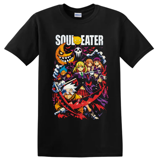 Soul Eater Maka Albarn and character collage with bats, scythe, moon, and gothic splatter on a Black T Shirt