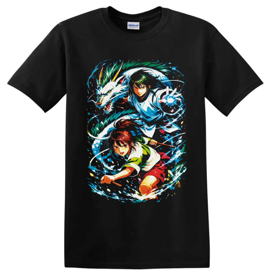 Shin and Lu Xiaotang anime crossover with white dragon and swirling blue water on a Black T Shirt