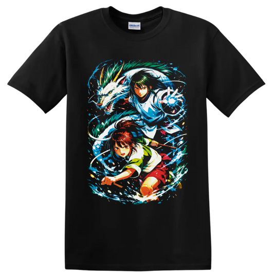 Shin and Lu Xiaotang anime crossover with white dragon and swirling blue water on a Black T Shirt