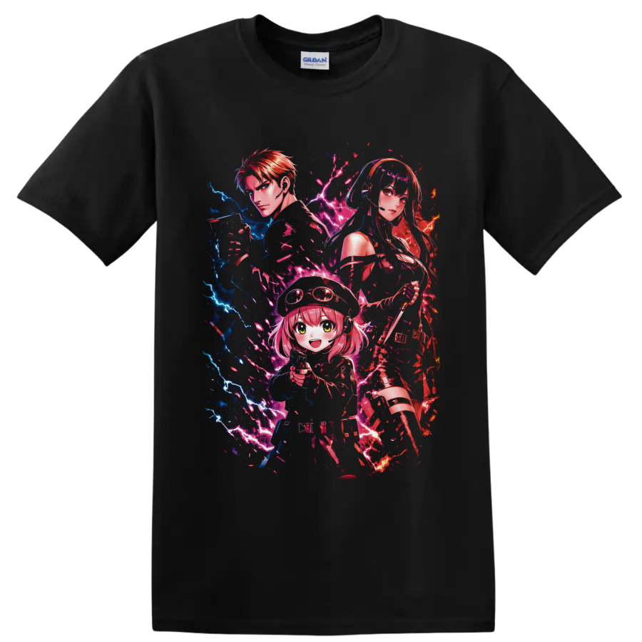 Spy x Family Loid, Yor, and Anya anime art with neon lightning and colorful splashes on a Black T Shirt